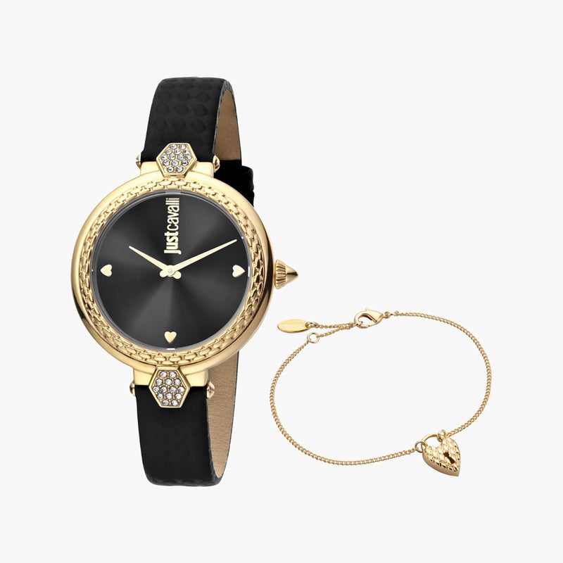 جاست كافالي ساعة جاست كافاللي للنساء بهيكل فولاذي ذهبية وسوار جلدي أسود - Image 1
