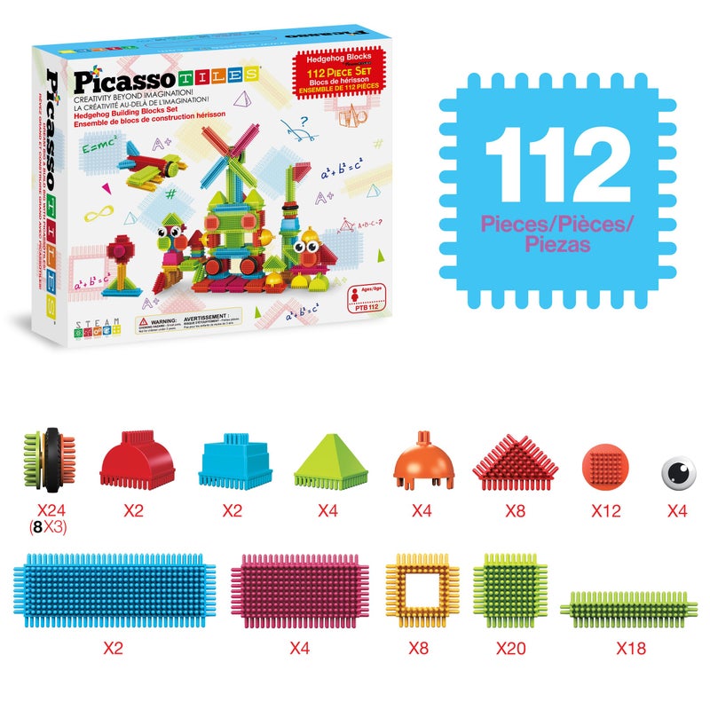 PicassoTiles Toys 112 Piece Hedgehog Blocks STEM Building Tiles Set Construction Learning Toy Stacking Interlock Block, Creativity Beyond Imagination, Inspirational, Recreational, Educational PTB112 - Image 3