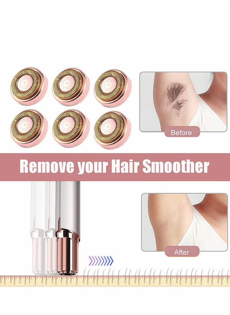 Women Facial Hair Remover Replacement Heads Painless Trimmer Blade with Cleaning Brush for Flawless, Perfect Touch and Smooth Finishing, As Seen On TV, 18K Rose-Gold Plated (6Pcs)