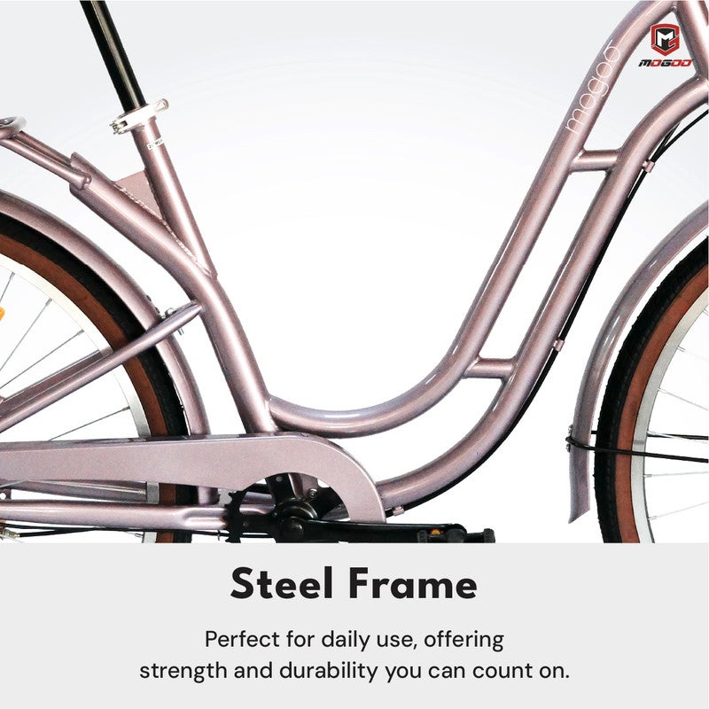 MOGOO Florida Vintage 24-Inch City Bike For Women & Girls, 24 Inch Wheel Sizes | Shimano 6-Speed Drivetrain | Durable Steel Step-Through Frame with Front Wicker Basket | Rear Carrier & Dynamo LED Headlight - Lavender - Image 3