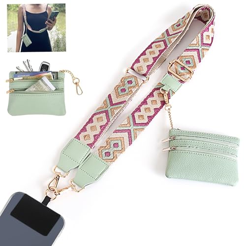 SCINYMC Clip and Go Strap for Phone with Wallet Crossbody, Adjustable Phone Strap with Wallet, Phones Straps with Zippered Pouch, Crossbody iPhone Straps for All Phones, Green-Purple - Image 1