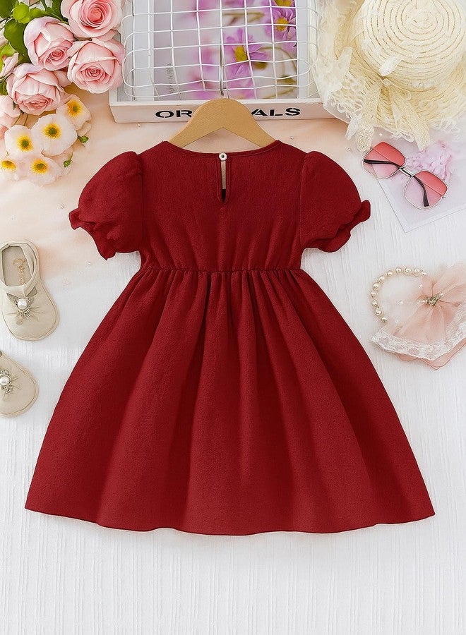 MENSBIT Girl Party Dress Pink Puff Sleeve Dress with Bow & Pearl(Maroon- 10 Year) - Image 3