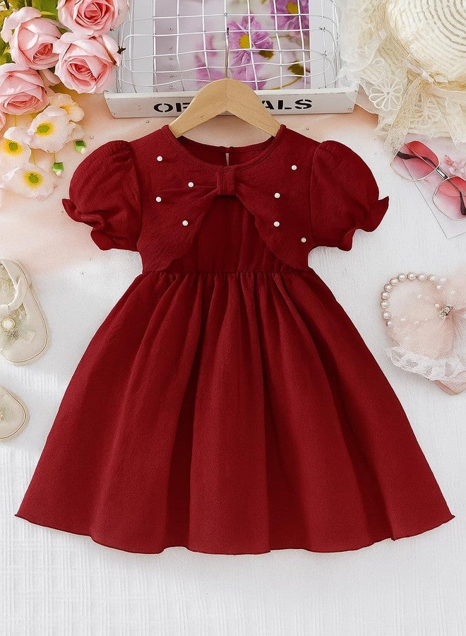 MENSBIT Girl Party Dress Pink Puff Sleeve Dress with Bow & Pearl(Maroon- 10 Year) - Image 2