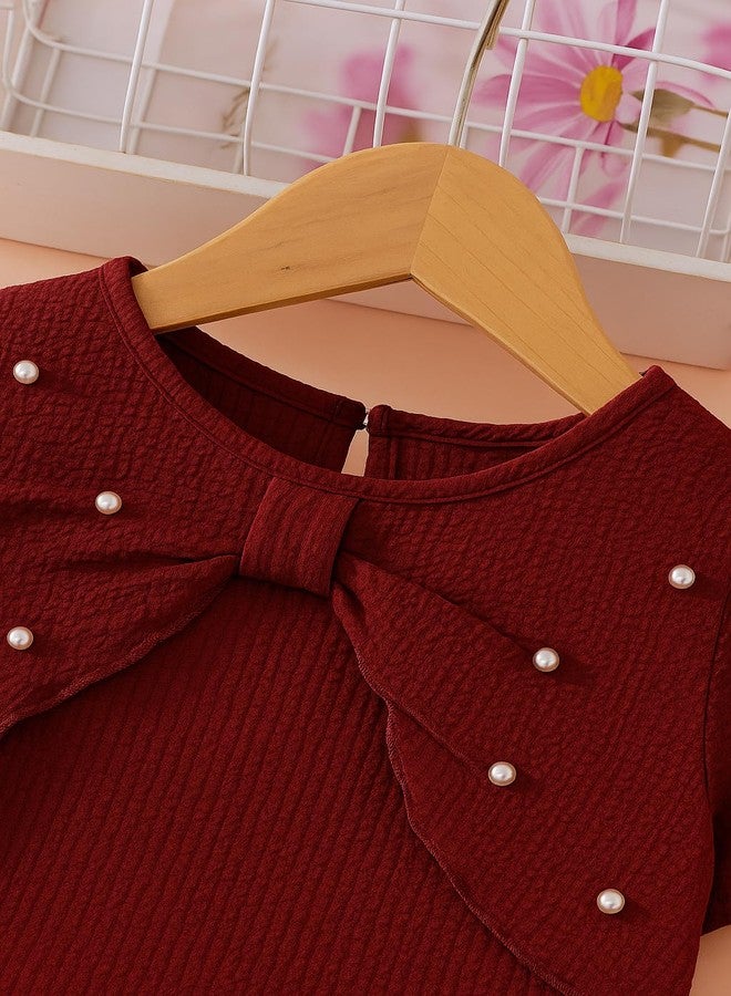 MENSBIT Girl Party Dress Pink Puff Sleeve Dress with Bow & Pearl(Maroon- 10 Year) - Image 4