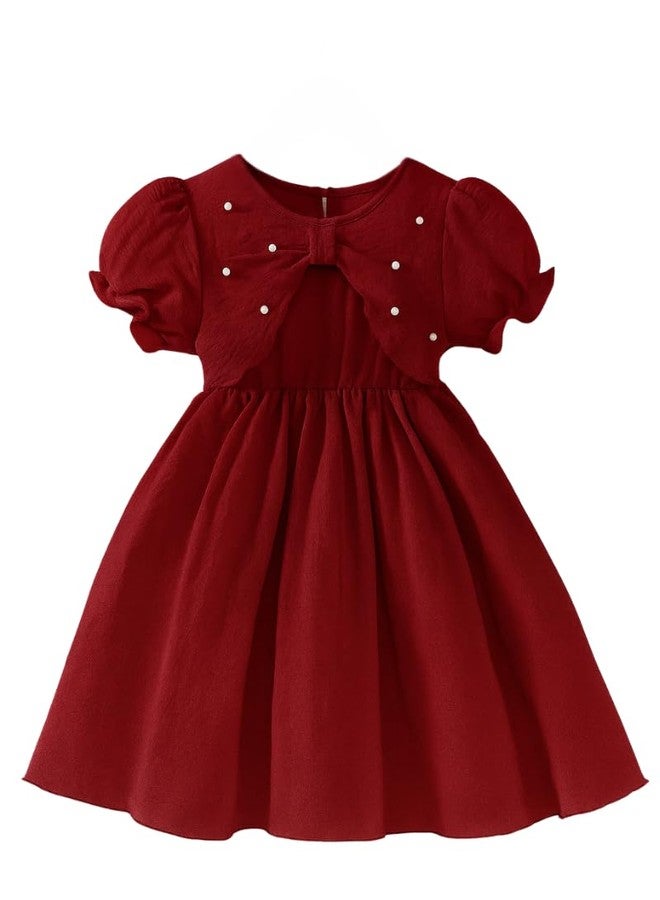 MENSBIT Girl Party Dress Pink Puff Sleeve Dress with Bow & Pearl(Maroon- 10 Year) - Image 1