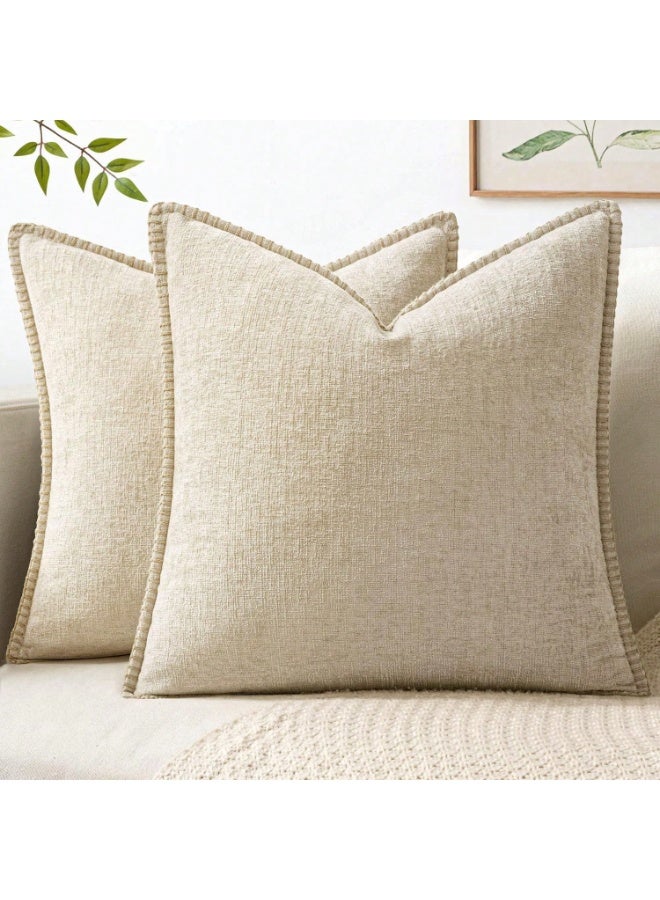 Decorative Throw Pillow Covers 18x18Inch, Pack of 2 Beige Chenille Soft Pillow Covers with Stitched Edge,Farmhouse Neutral Euro Decorative Pillows for Bed Couch Sofa Home Decor Living Room 45x45CM - Image 1