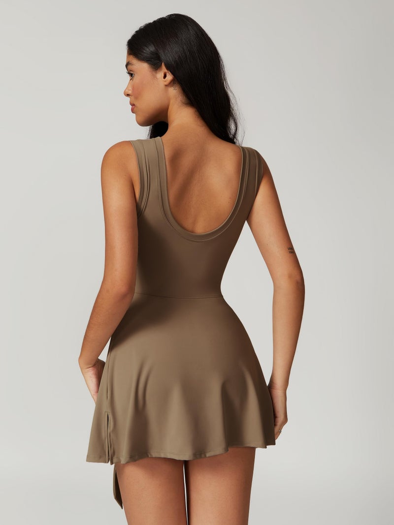 ABOCIW Tennis Dress for Women Sleeveless High Neck Active Golf Workout Dress Built in Shorts Brown Large - Image 2
