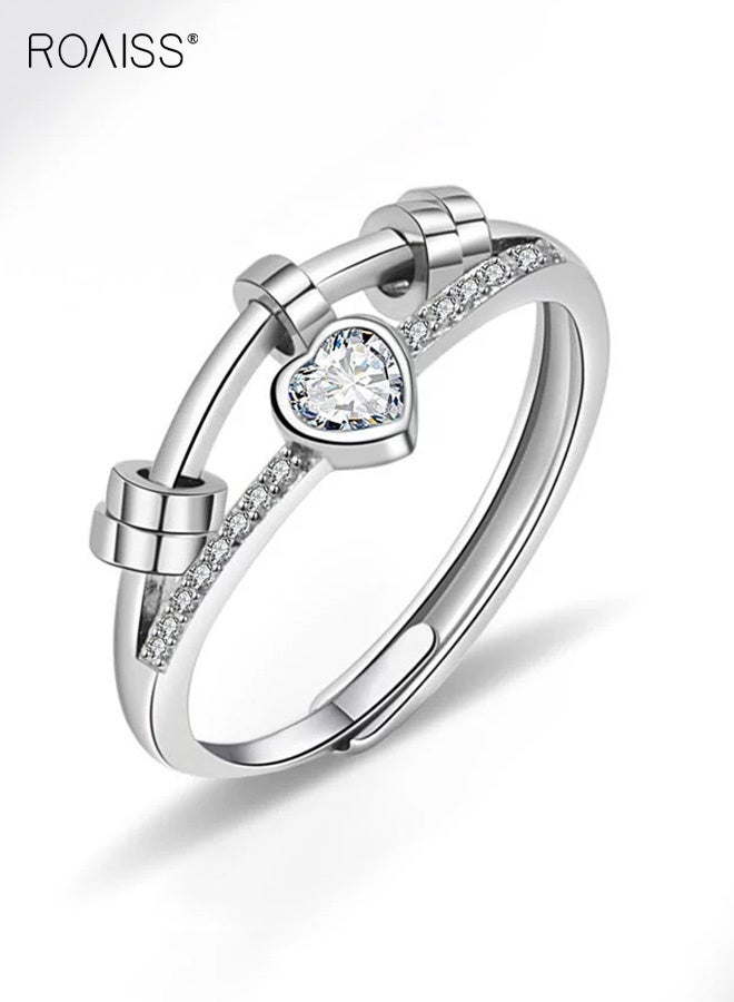 رويس خاتم نسائي على شكل قلب، خاتم تويست زركونيا بسيط على شكل قلب للنساء، خط مزدوج الطبقات مفتوح وشريط قابل للتعديل، مجوهرات ألماس أبيض مطلية بالكهرباء ثلاثية الطبقات، أبيض