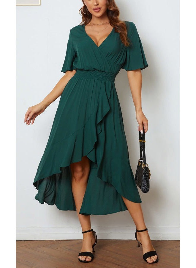 Kormei Womens Short Sleeve Floral Maxi Dress High Low V-Neck Flowy Party Long Dresses, Green#1, S - Image 4