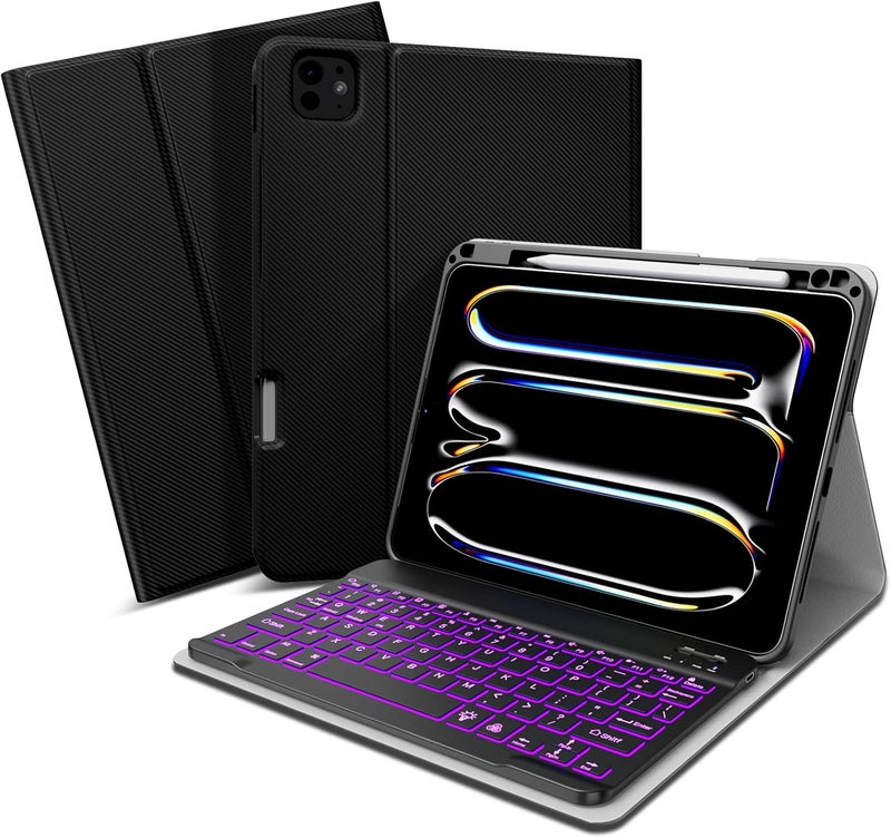 XIWMIX حافظة لوحة مفاتيح لـ iPad Pro 11 بوصة (M4) الجيل الخامس 2024 (الموديل A2836 A2837 A3006)، غطاء لوحة مفاتيح فوليو لاسلكي قابل للفصل مغناطيسي مع إضاءة خلفية وبلوتوث وقابل لإعادة الشحن مع حامل قلم، أسود - Image 1