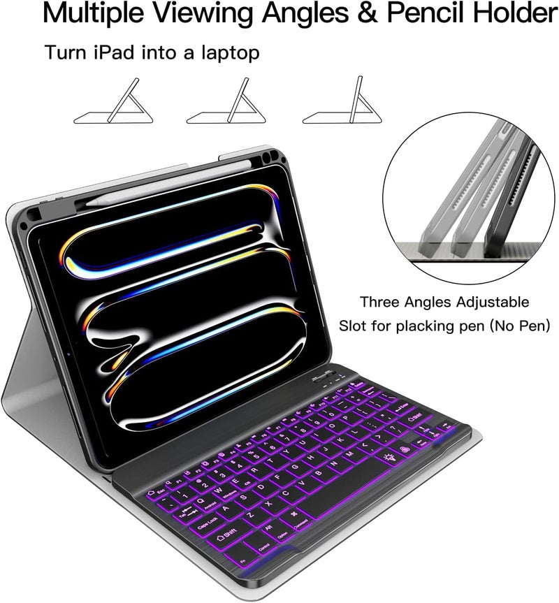 XIWMIX حافظة لوحة مفاتيح لـ iPad Pro 11 بوصة (M4) الجيل الخامس 2024 (الموديل A2836 A2837 A3006)، غطاء لوحة مفاتيح فوليو لاسلكي قابل للفصل مغناطيسي مع إضاءة خلفية وبلوتوث وقابل لإعادة الشحن مع حامل قلم، أسود - Image 4