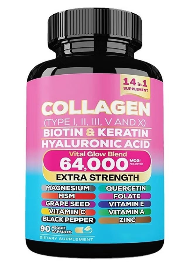 Collagen - Collagen Pills Peptides Types I, II, III, V & X MCG Biotin Keratin Hyaluronic Acid MSM Vitamin A Vitamin C Vitamin E Folic Acid Zinc Magnesium with Grape Seed Extract, Quercetin 90 Caps - Image 1