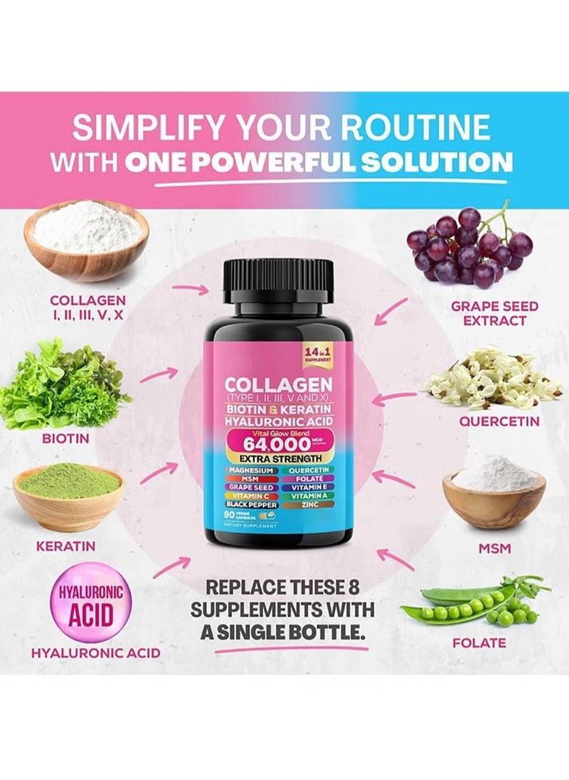 Collagen - Collagen Pills Peptides Types I, II, III, V & X MCG Biotin Keratin Hyaluronic Acid MSM Vitamin A Vitamin C Vitamin E Folic Acid Zinc Magnesium with Grape Seed Extract, Quercetin 90 Caps - Image 1