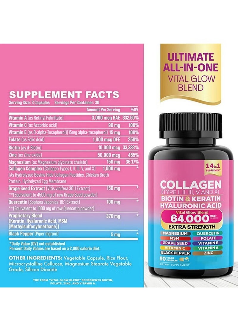 Collagen - Collagen Pills Peptides Types I, II, III, V & X MCG Biotin Keratin Hyaluronic Acid MSM Vitamin A Vitamin C Vitamin E Folic Acid Zinc Magnesium with Grape Seed Extract, Quercetin 90 Caps - Image 1