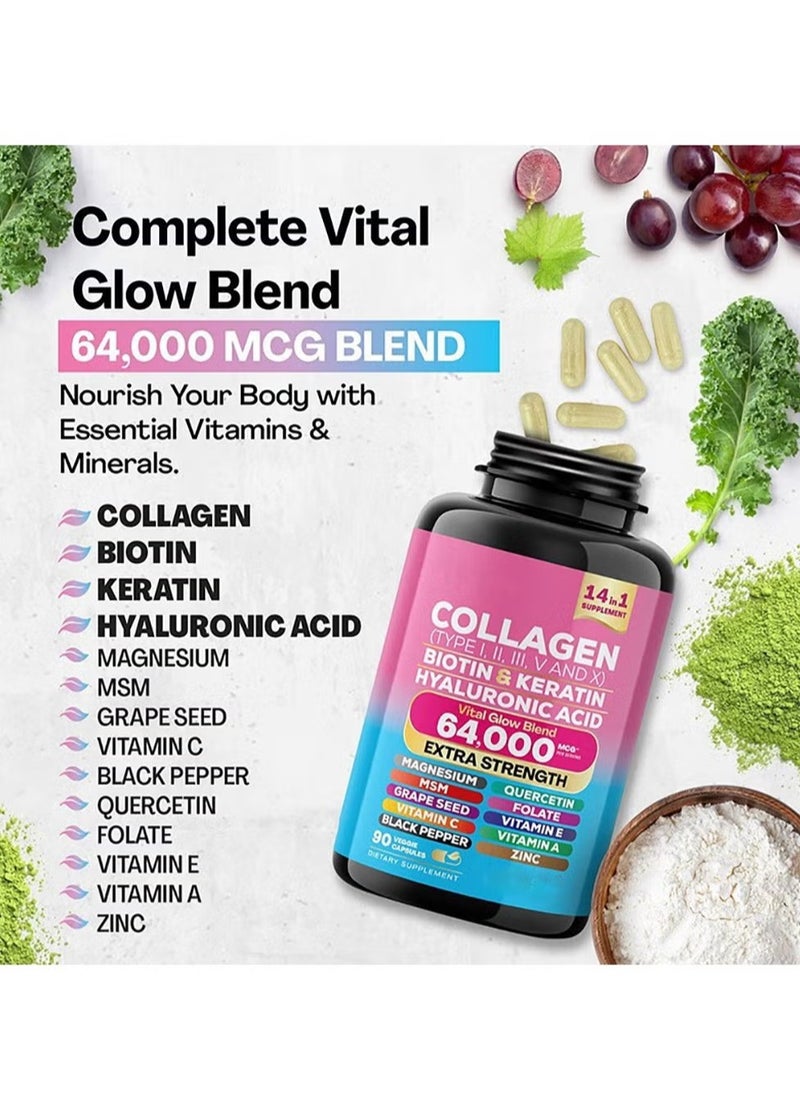 Collagen - Collagen Pills Peptides Types I, II, III, V & X MCG Biotin Keratin Hyaluronic Acid MSM Vitamin A Vitamin C Vitamin E Folic Acid Zinc Magnesium with Grape Seed Extract, Quercetin 90 Caps - Image 1