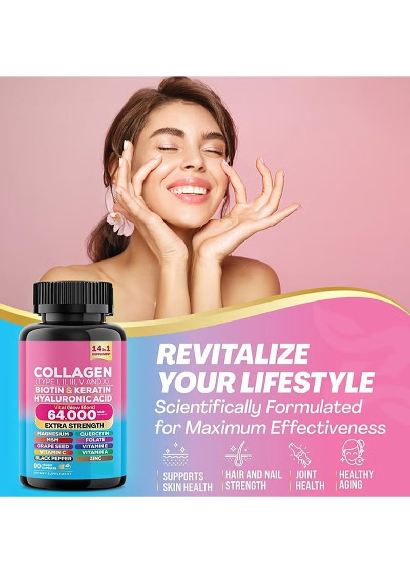 Collagen - Collagen Pills Peptides Types I, II, III, V & X MCG Biotin Keratin Hyaluronic Acid MSM Vitamin A Vitamin C Vitamin E Folic Acid Zinc Magnesium with Grape Seed Extract, Quercetin 90 Caps - Image 1