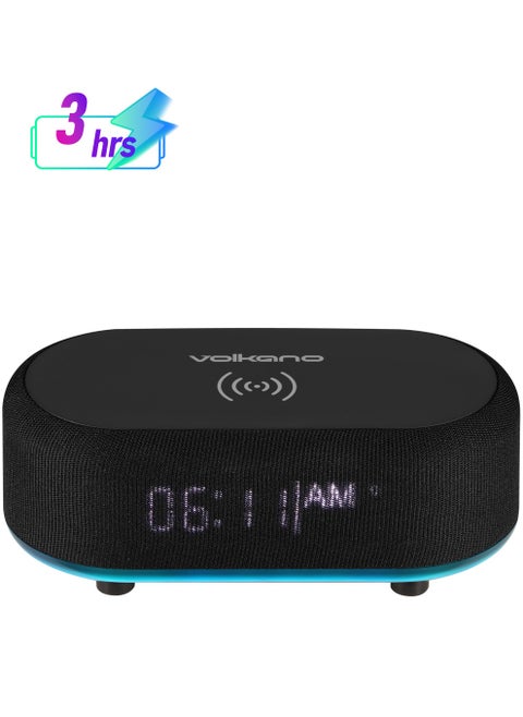 Volkano Bluetooth Speaker with Alarm Clock and FM Radio, 15W Fast Wireless Charger for all smartphone, Bluetooth Version: V5.3, LED Display, Play Time: 45min 3 Hours, Battery 1200 mAh