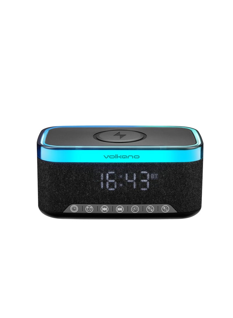 Volkano Radiant 2 Alarm Clock Bluetooth Speaker with 15W Wireless Charging, RGB Lights & FM Radio – Black - Image 1