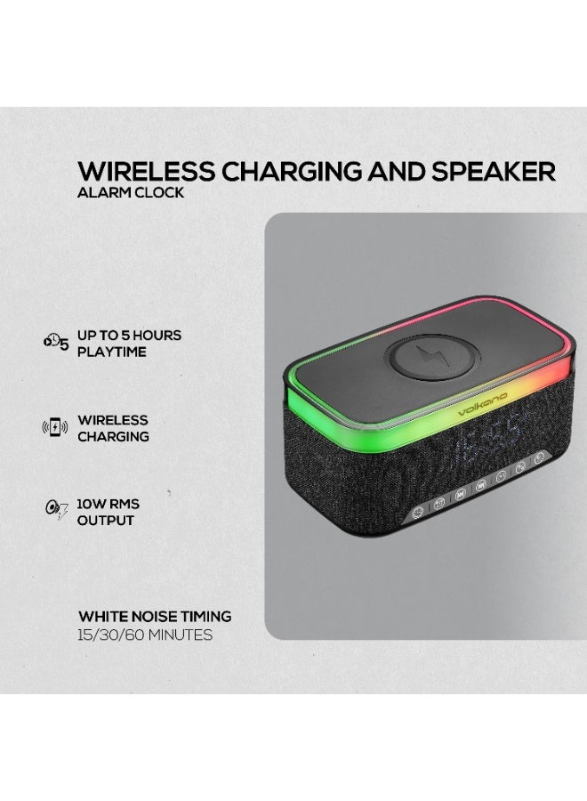 Volkano Radiant 2 Alarm Clock Bluetooth Speaker with 15W Wireless Charging, RGB Lights & FM Radio – Black - Image 3