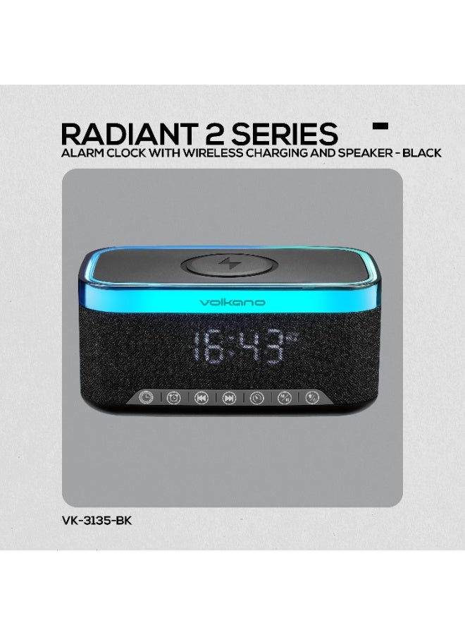 Volkano Radiant 2 Alarm Clock Bluetooth Speaker with 15W Wireless Charging, RGB Lights & FM Radio – Black - Image 4