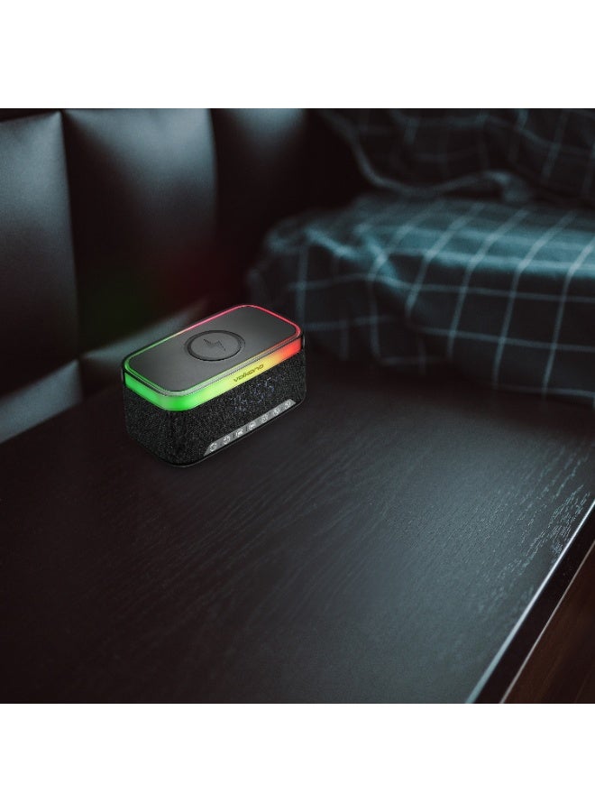 Volkano Radiant 2 Alarm Clock Bluetooth Speaker with 15W Wireless Charging, RGB Lights & FM Radio – Black - Image 5