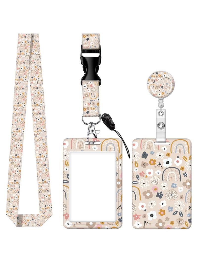 Dominy ID Badge Holder with Lanyard - Fashionable ID Card Holders with Retractable Lanyards - Soft Fiber Metal Clip Sturdy Buckle for Key Wallet - Work Nurse Teacher (Cute Flowers ) - Image 1