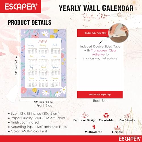 ESCAPER Wall Calendar 2026 – 12 x 18 Inch, Laminated 300 GSM Paper, Easy-to-Stick, Durable & Stylish Yearly Planner for Home, Office & Gift for Family or Colleagues - Image 4