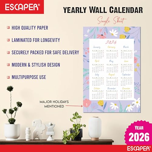 ESCAPER Wall Calendar 2026 – 12 x 18 Inch, Laminated 300 GSM Paper, Easy-to-Stick, Durable & Stylish Yearly Planner for Home, Office & Gift for Family or Colleagues - Image 2