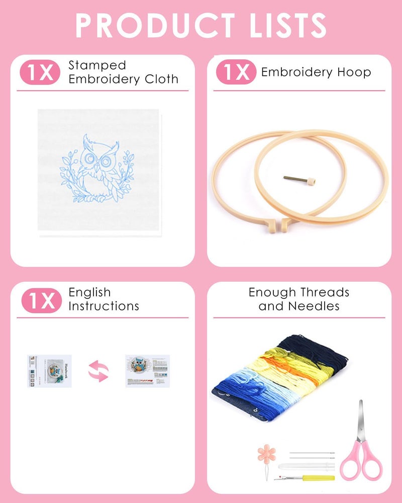 TINDTOP Embroidery Kit for Beginners Adult, Owl Embroidery Kit for Beginners Include Embroidery Cloth Hoops Threads for Craft Lover Hand Stitch with Embroidery Skill Techniques - Image 2