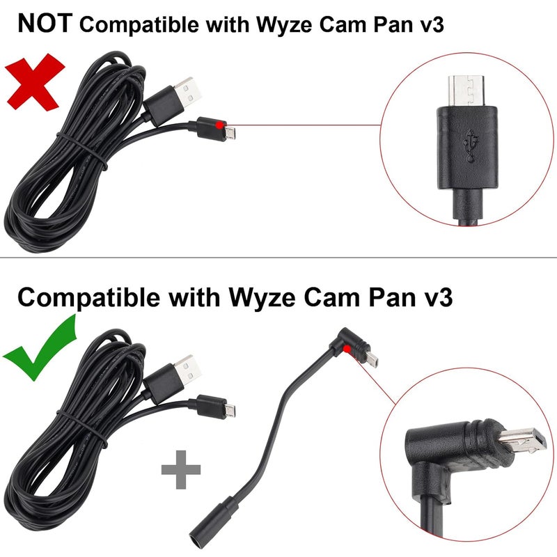 يو او جي دبليو حزمة من 2 كابلات تمديد من نوع Micro-USB بطول 5 بوصات، من ذكر إلى أنثى، لأجهزة Wyze Cam Pan v3 و Wyze Cam v3 Pro، كابل مسطح على شكل حرف L (أسود) - Image 3
