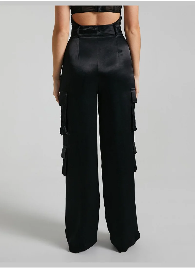 كوتون Wide Leg Satin Cargo Trousers