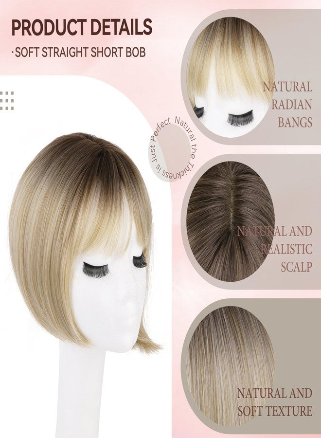 LEEONS Hair Toppers for Women with Bangs Short Bob Synthetic Pieces for Thinning Hair Side Part (Blonde Mixed Light Blonde and Dark Brown Root) - Image 2