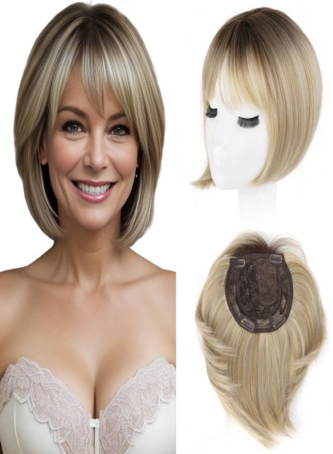 LEEONS Hair Toppers for Women with Bangs Short Bob Synthetic Pieces for Thinning Hair Side Part (Blonde Mixed Light Blonde and Dark Brown Root) - Image 1