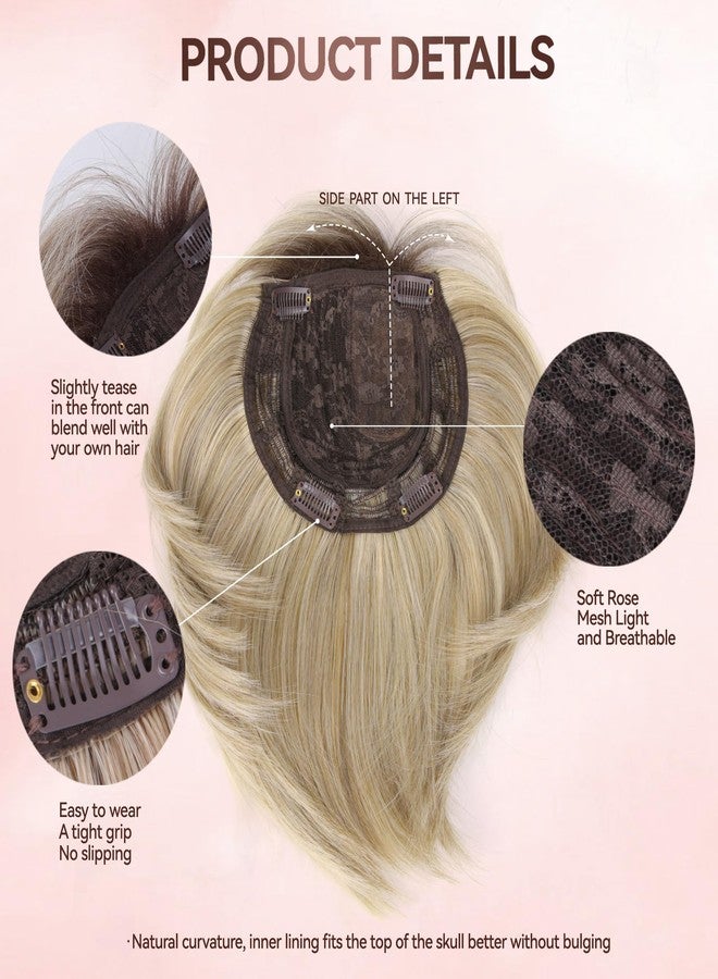 LEEONS Hair Toppers for Women with Bangs Short Bob Synthetic Pieces for Thinning Hair Side Part (Blonde Mixed Light Blonde and Dark Brown Root) - Image 3
