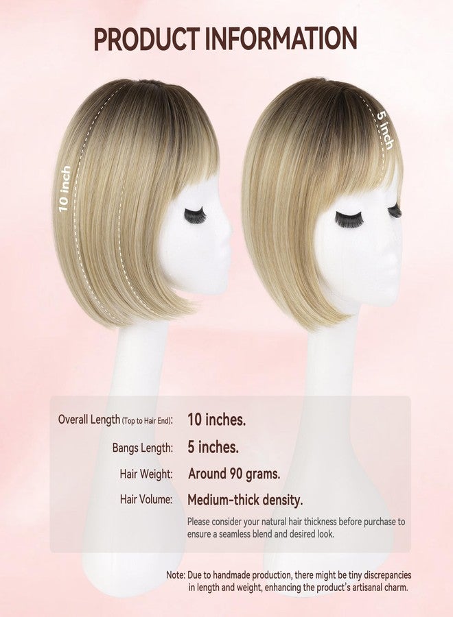 LEEONS Hair Toppers for Women with Bangs Short Bob Synthetic Pieces for Thinning Hair Side Part (Blonde Mixed Light Blonde and Dark Brown Root) - Image 5