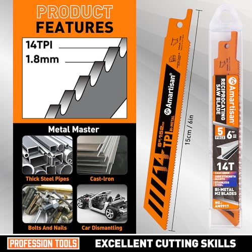 AMARTISAN 5-Piece 6 Inch 14TPI Heavy Metal Cutting Reciprocating Saw Blades,Suitable for Metal Cutting, Pipes, and Steel Bars - Image 3