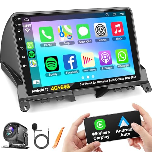electrosmart 4G64G Android 13 Car Radio Stereo with Wireless Carplay Android auto for Mercedes Benz CClass C180 C200 C230 C250 C300 C350 W204 S204 20062011 9 QLED Touch Screen GPS WiFi 8 Core Head Unit - Image 1