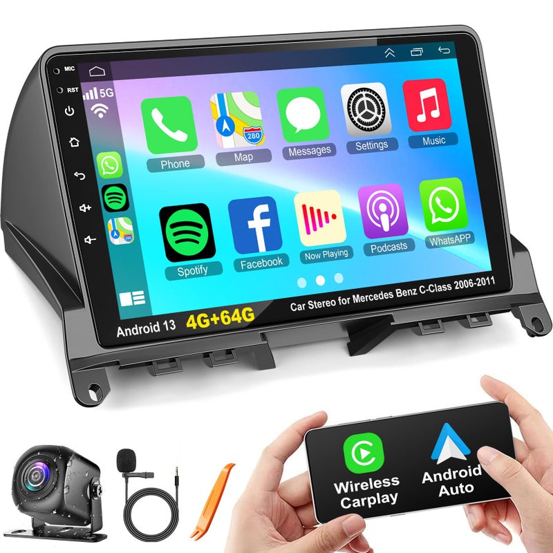 electrosmart 4G64G Android 13 Car Radio Stereo with Wireless Carplay Android auto for Mercedes Benz CClass C180 C200 C230 C250 C300 C350 W204 S204 20062011 9 QLED Touch Screen GPS WiFi 8 Core Head Unit - Image 2
