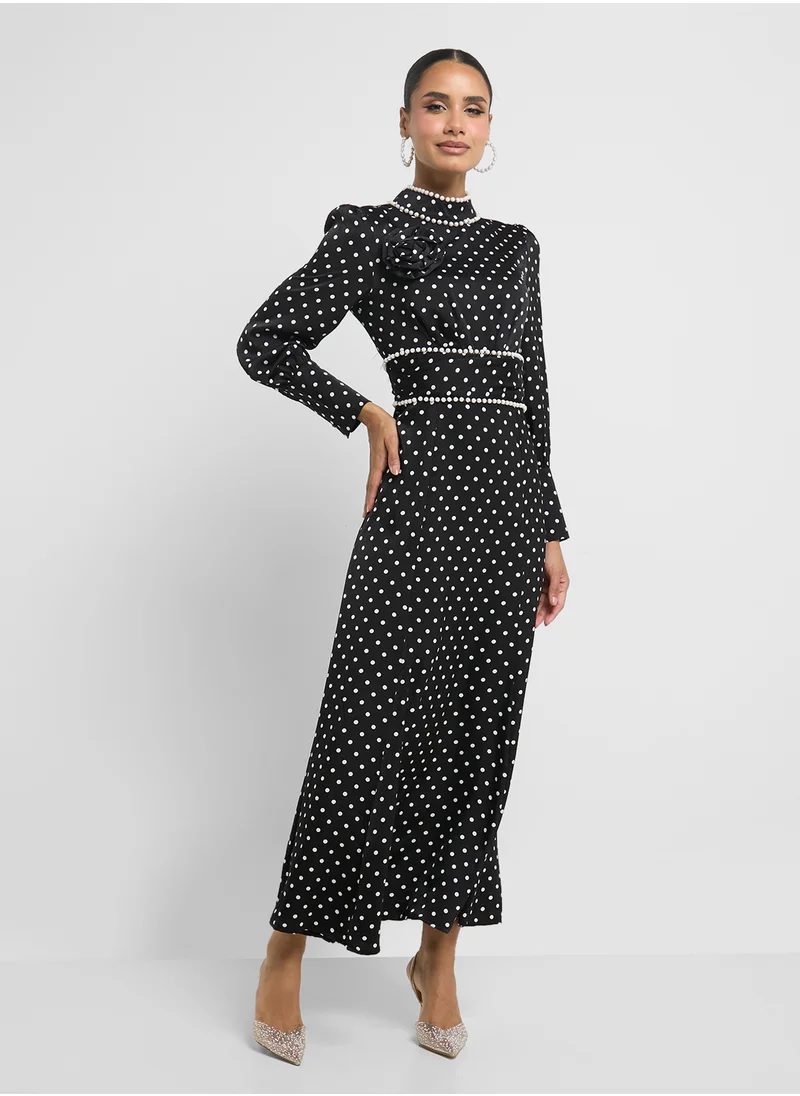 Khizana Polka Print Dress With Embellished Waist