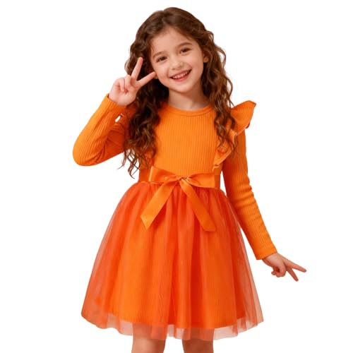 Magic Park 12M-7Y Toddler Tulle Dress Girl Long Sleeve Tutu Dress Kids Ribbed Dresses Holiday Birthday Outfits Girls (Orange, 12-18 Months) - Image 1