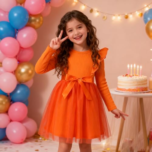 Magic Park 12M-7Y Toddler Tulle Dress Girl Long Sleeve Tutu Dress Kids Ribbed Dresses Holiday Birthday Outfits Girls (Orange, 12-18 Months) - Image 2