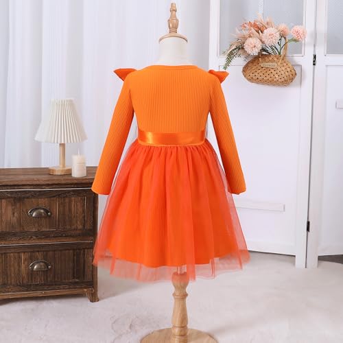 Magic Park 12M-7Y Toddler Tulle Dress Girl Long Sleeve Tutu Dress Kids Ribbed Dresses Holiday Birthday Outfits Girls (Orange, 12-18 Months) - Image 3