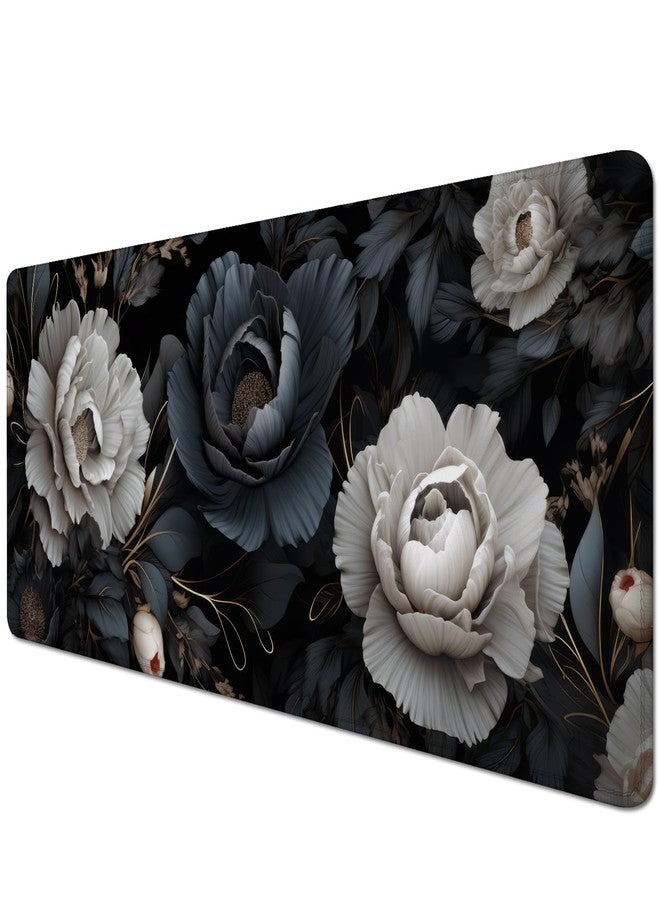 Black and White Mouse Pad,Floral Mouse Pad Desk Mat,Large Mousepad Aesthetic Mouse Pads Desk pad - Non-Slip Stitched Edges & Rubber Base for Office, Gaming Room, Computer, Laptop - Image 2