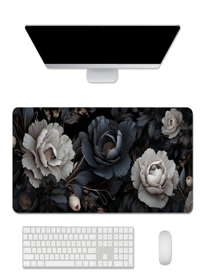 Black and White Mouse Pad,Floral Mouse Pad Desk Mat,Large Mousepad Aesthetic Mouse Pads Desk pad - Non-Slip Stitched Edges & Rubber Base for Office, Gaming Room, Computer, Laptop - Image 1