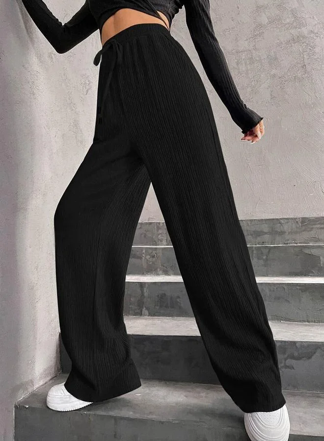 Take Two Take Two Women Black Textured Drawstring Waist Wide Leg Pants