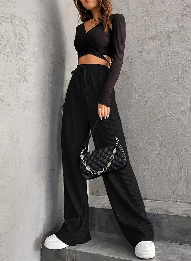 Take Two Take Two Women Black Textured Drawstring Waist Wide Leg Pants