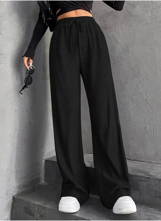 Take Two Take Two Women Black Textured Drawstring Waist Wide Leg Pants