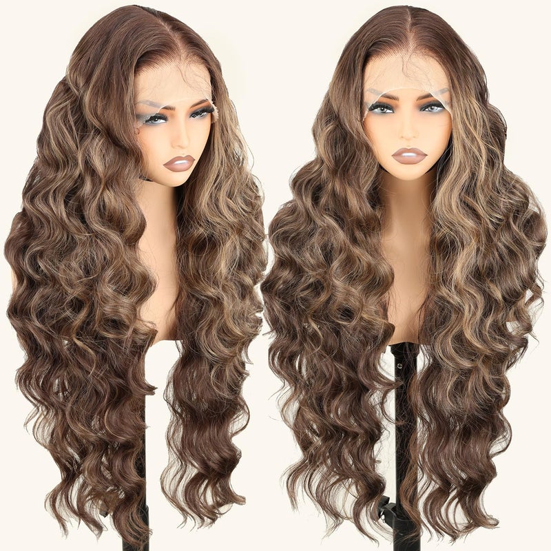 SOKU 13x6 Lace Frontal Wig Highlighted 32 Inch Body Wave Pre Plucked Babyhair Transparent HD Lace Heat Friendly Highlights Brown Bouncy Synthetic Hair - Image 1