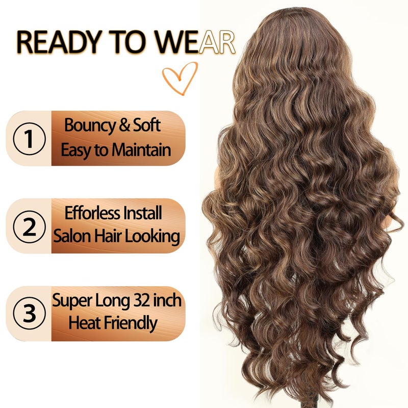 SOKU 13x6 Lace Frontal Wig Highlighted 32 Inch Body Wave Pre Plucked Babyhair Transparent HD Lace Heat Friendly Highlights Brown Bouncy Synthetic Hair - Image 3