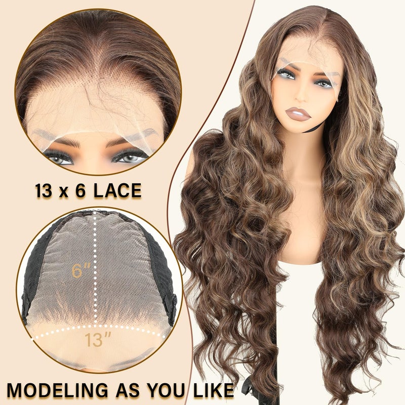 SOKU 13x6 Lace Frontal Wig Highlighted 32 Inch Body Wave Pre Plucked Babyhair Transparent HD Lace Heat Friendly Highlights Brown Bouncy Synthetic Hair - Image 2